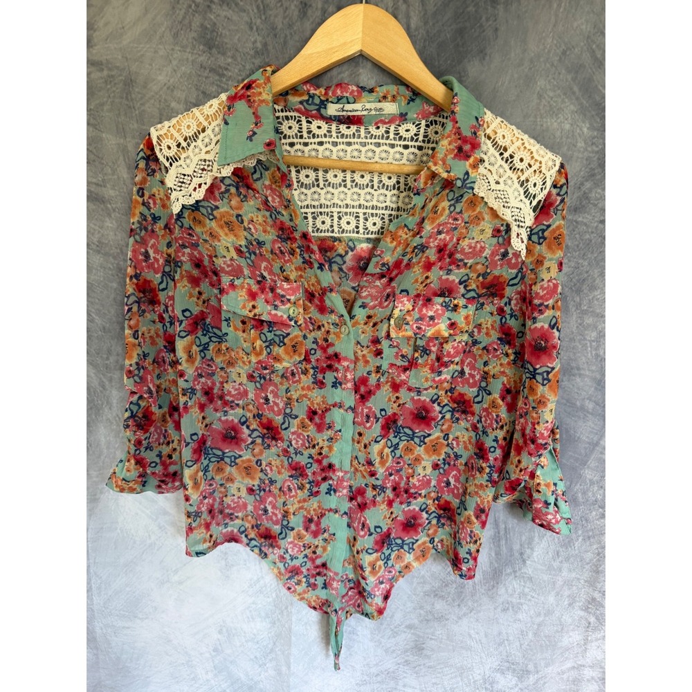 Boho Floral Blouse Crochet Lace Trim Romantic Clean Girl Aesthetic Top Small